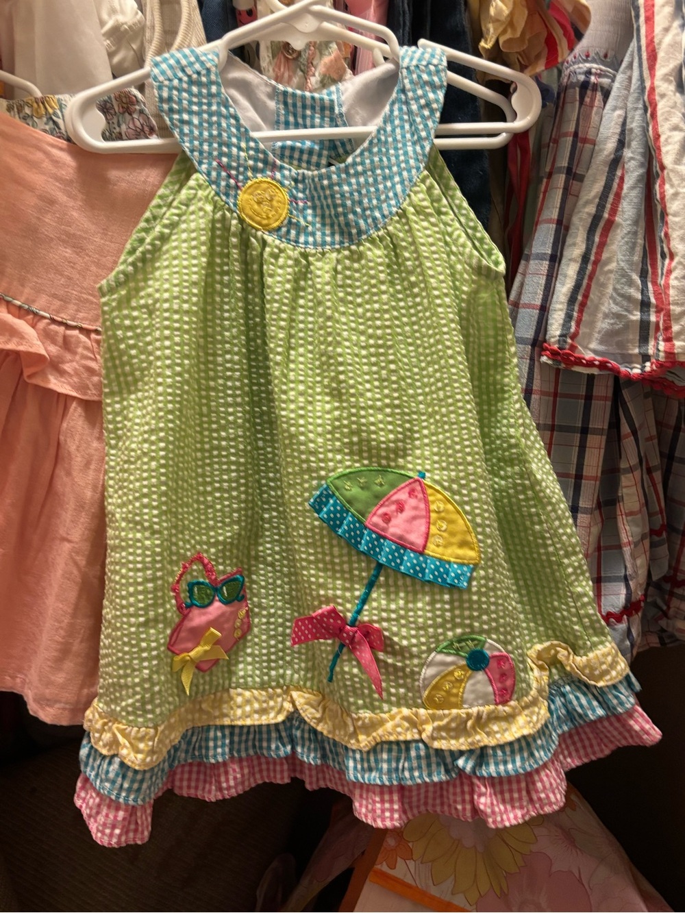 Rare Editions Blue and Light Green Gingham Sundress with Yellow Patch